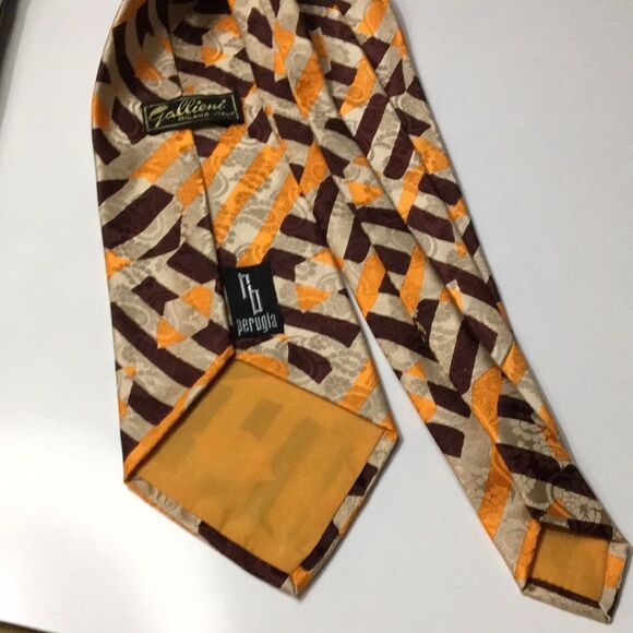 Vintage Gallieni Silk Neck Tie Made In Italy Tan/Gold/Brown Geometric Print - Picture 6 of 13